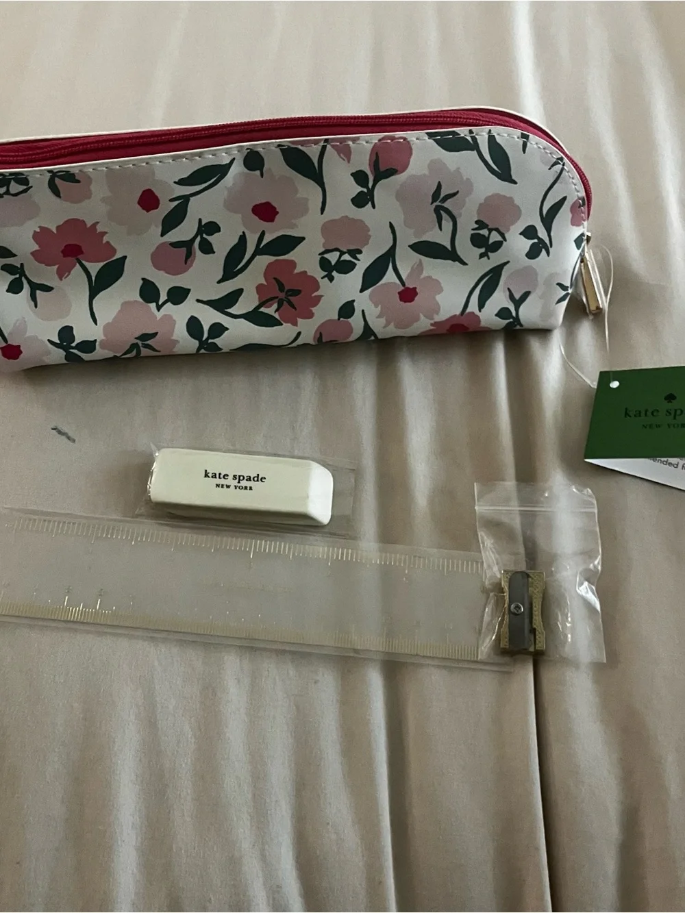 Kate Spade New York Floral Pencil Case Set with Ruler, Eraser, & Sharpener NWT